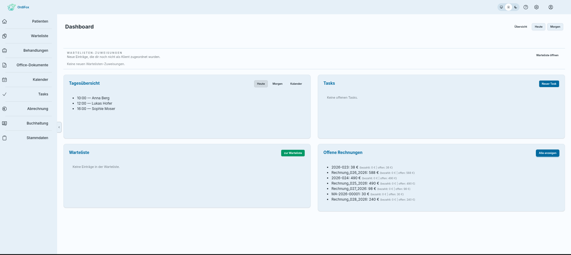 Allgemeine Dashboard-Übersicht mit Tagesübersicht, Tasks, Warteliste und offenen Rechnungen